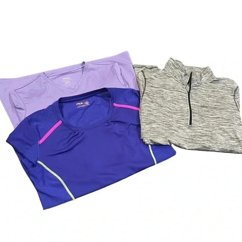 🍀2/$22 Athletic Top Bundle Two Purple Shirts One Gray 1/4 Zip Womens Size Large - Picture 1 of 11